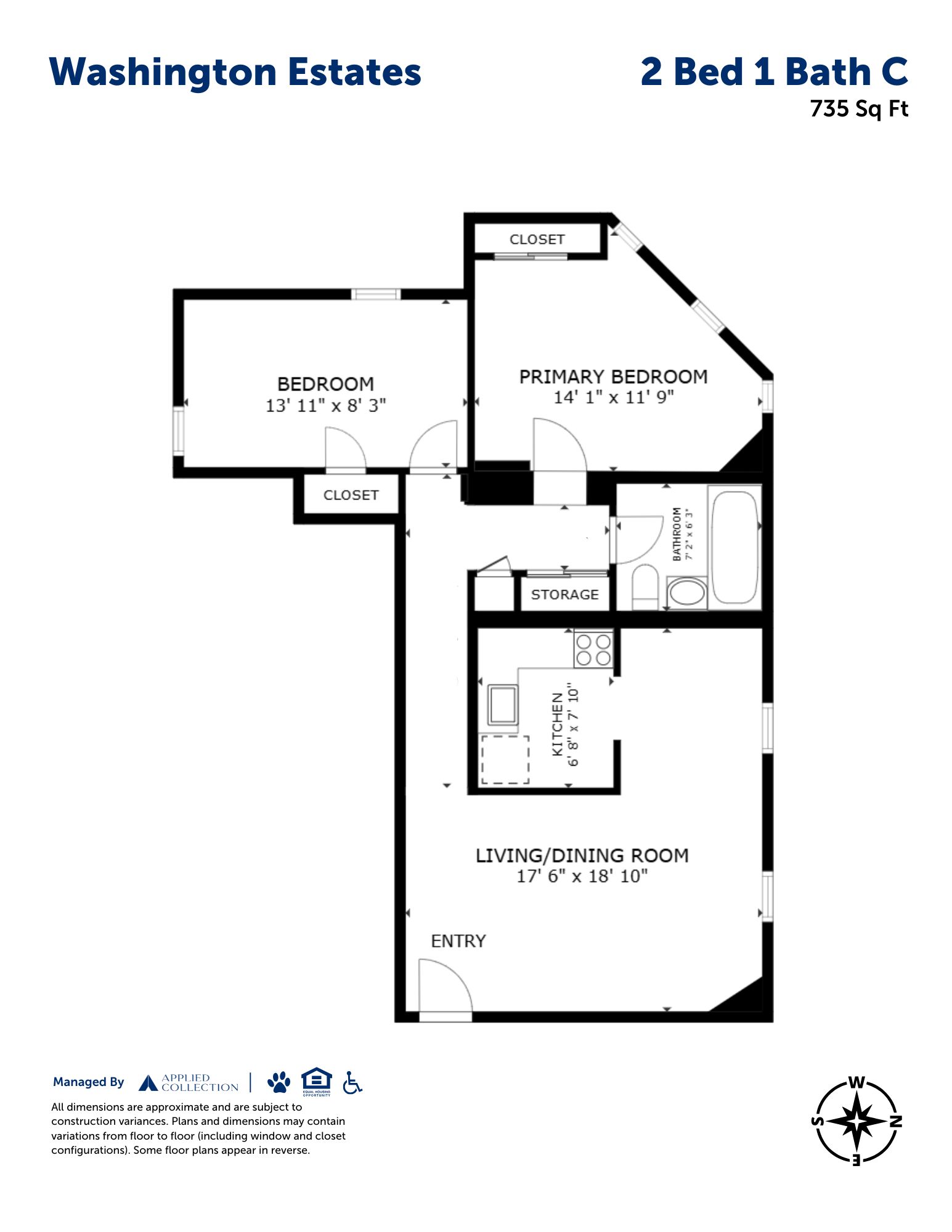 Floor plan for 2 beds, 1 bath, 735 sqft